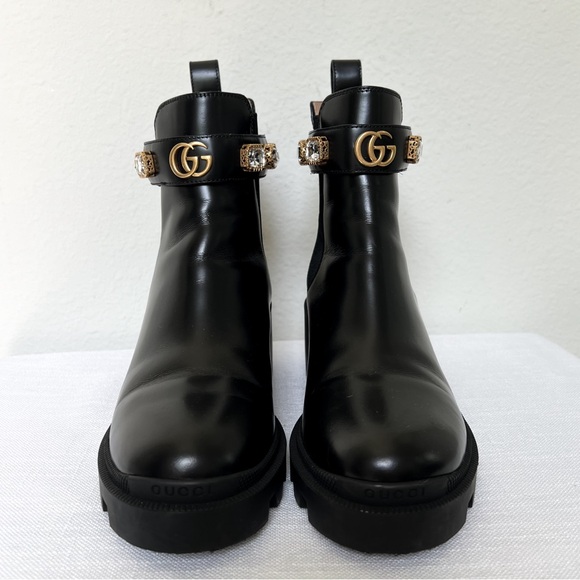 Gucci Leather Trip Leather Ankle Chelsea Boot with Jewels Belt - Picture 7 of 10